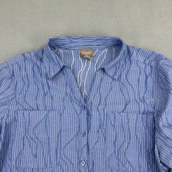 Chico's Blue White Pinstripe Textured Button Down Shirt Roll Tab Size 3 Large - Picture 4 of 13